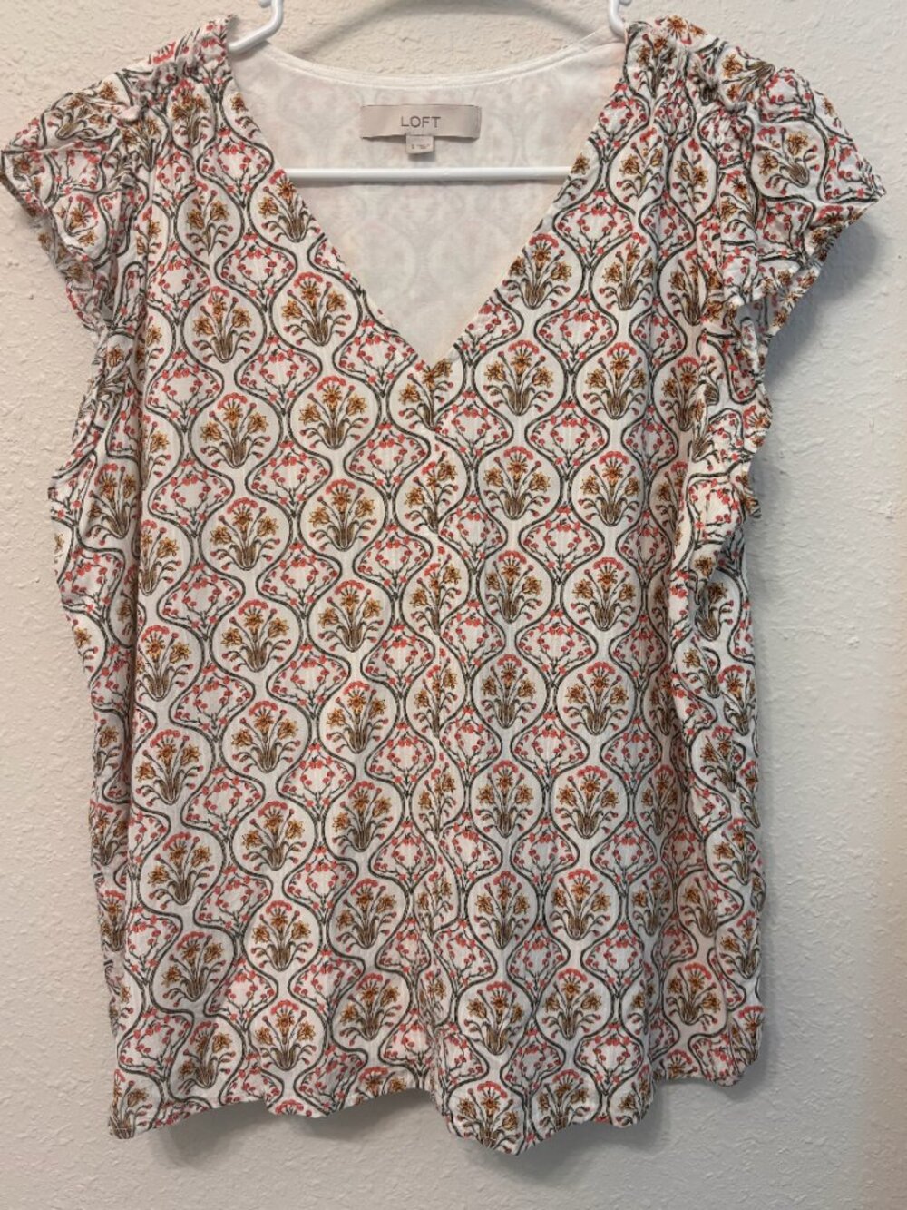 Loft Flower Print Low Cut Flowy Sleeve V-Neck Top